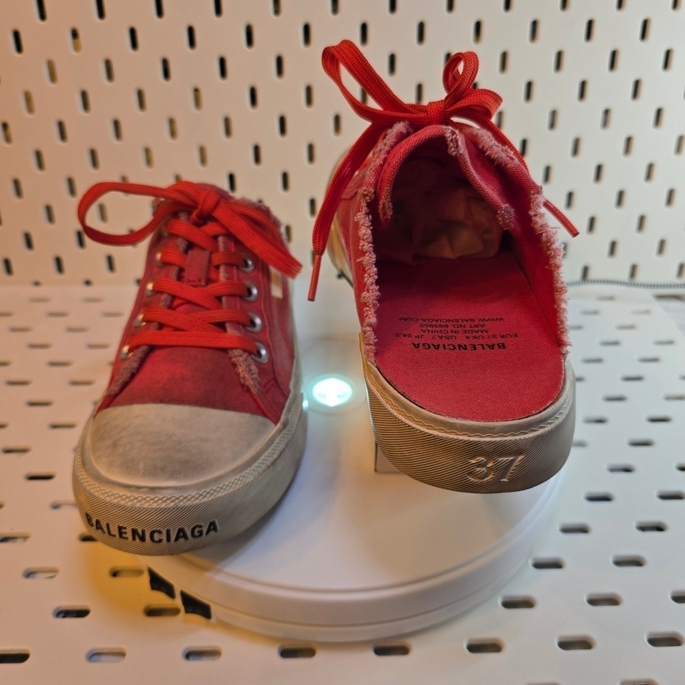 BALENCIAGA Womens Red Paris Canvas Mule Sneakers Sz 37 Distressed Streetwear Y2K - Picture 13 of 16